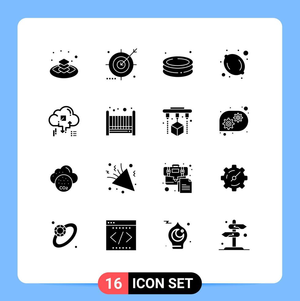 Set of 16 Vector Solid Glyphs on Grid for connect lemon search food garden Editable Vector Design Elements