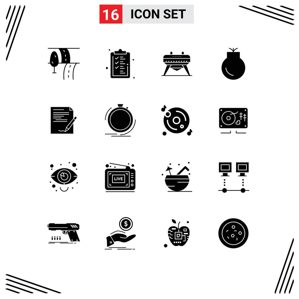 Set of 16 Vector Solid Glyphs on Grid for note paper gymnastics agreement military Editable Vector Design Elements