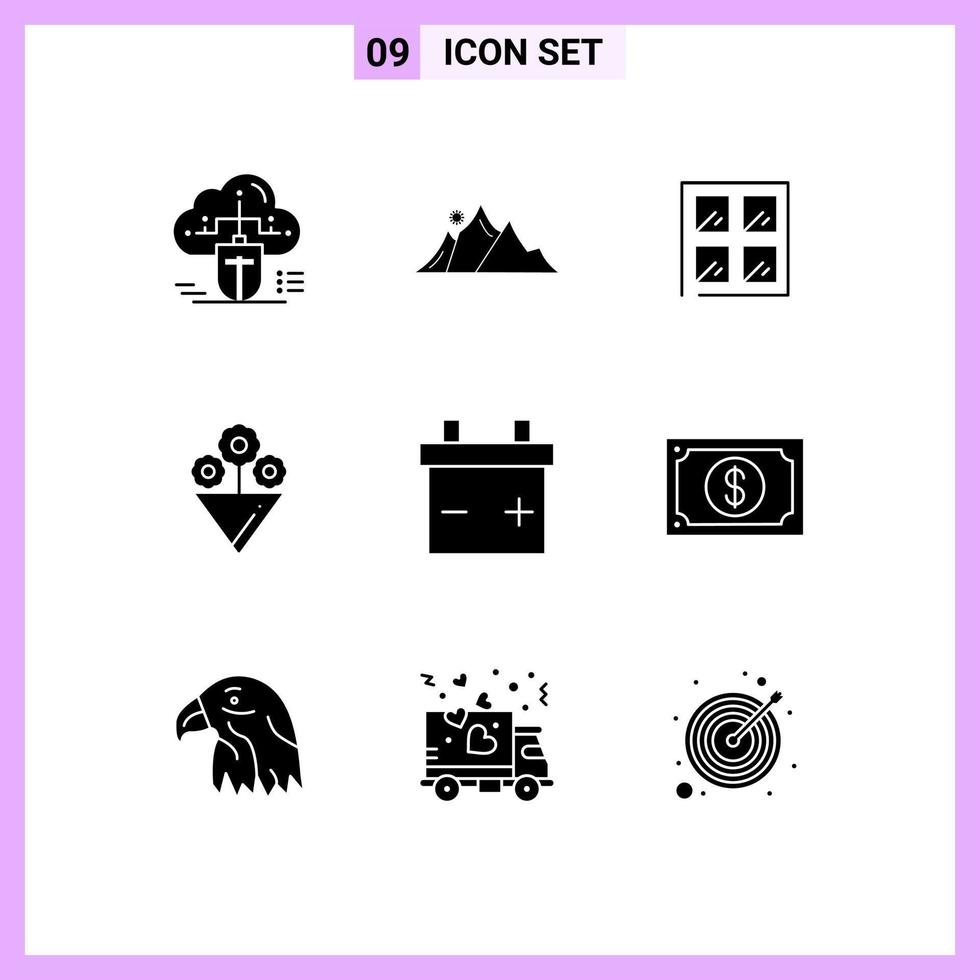 Editable Vector Line Pack of 9 Simple Solid Glyphs of money battery mountain gift building Editable Vector Design Elements