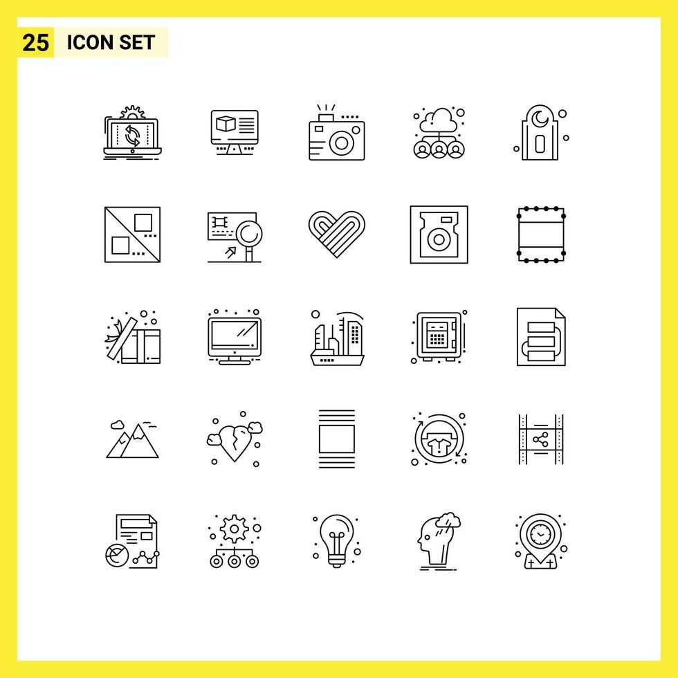 Modern Set of 25 Lines Pictograph of team group monitore cloud photography Editable Vector Design Elements