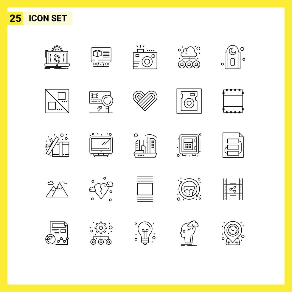 conjunto moderno de pictogramas de 25 líneas de elementos de diseño de vectores editables de fotografía de nube de monitor de grupo de equipo