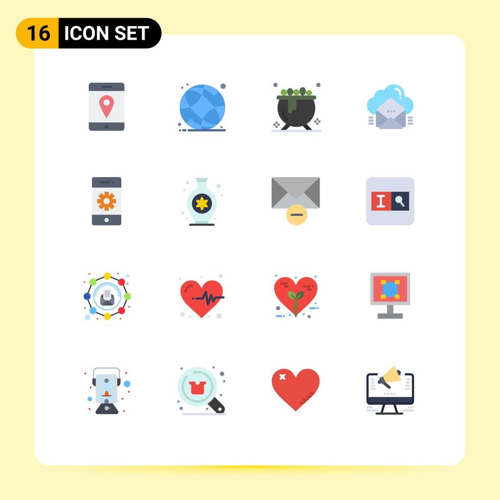 interfaz móvil conjunto de colores planos de 16 pictogramas de teléfono celular mensaje de halloween paquete editable de elementos de diseño de vectores creativos