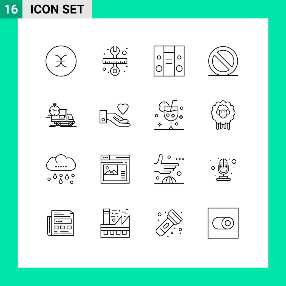Set of 16 Modern UI Icons Symbols Signs for transport time boom box delivery media Editable Vector Design Elements