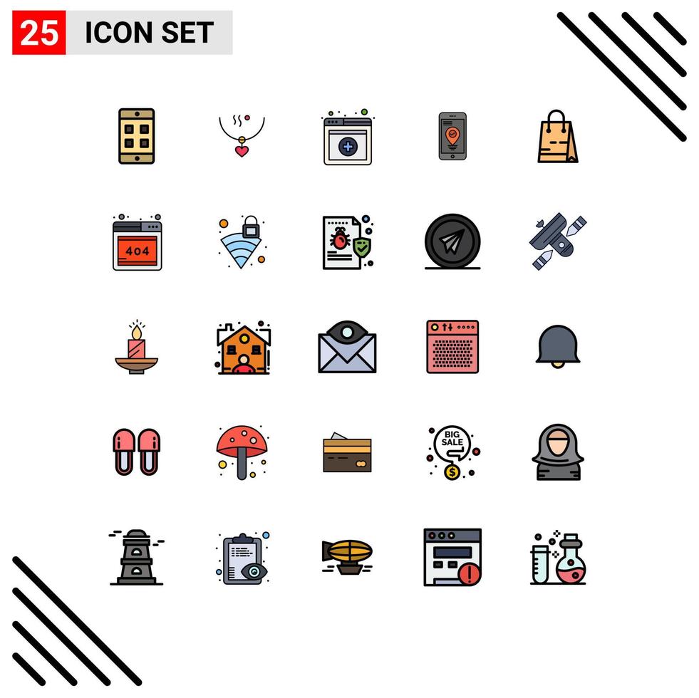 Filled line Flat Color Pack of 25 Universal Symbols of market bag medical smartphone location Editable Vector Design Elements
