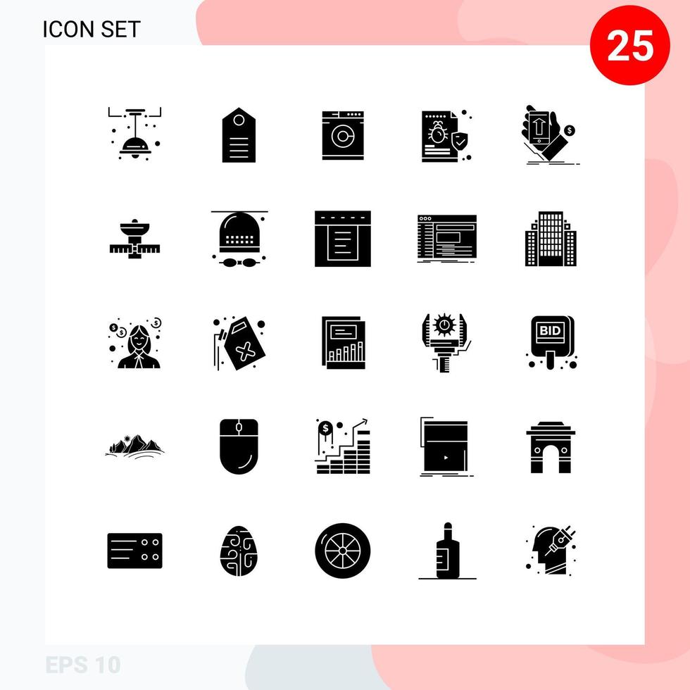 25 Universal Solid Glyphs Set for Web and Mobile Applications phone security wear folder bug Editable Vector Design Elements