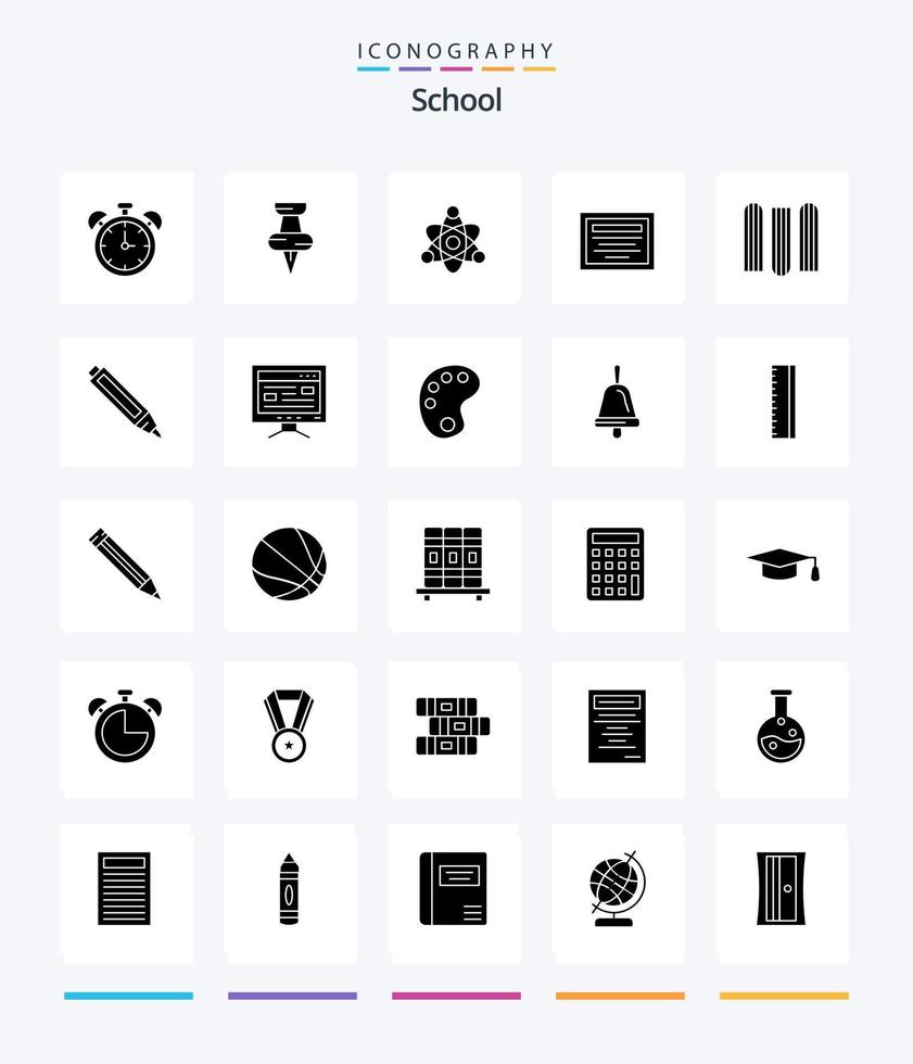 paquete de iconos de color negro sólido de 25 glifos de la escuela creativa, como un bolígrafo. archivos educar. educación. Nota vector