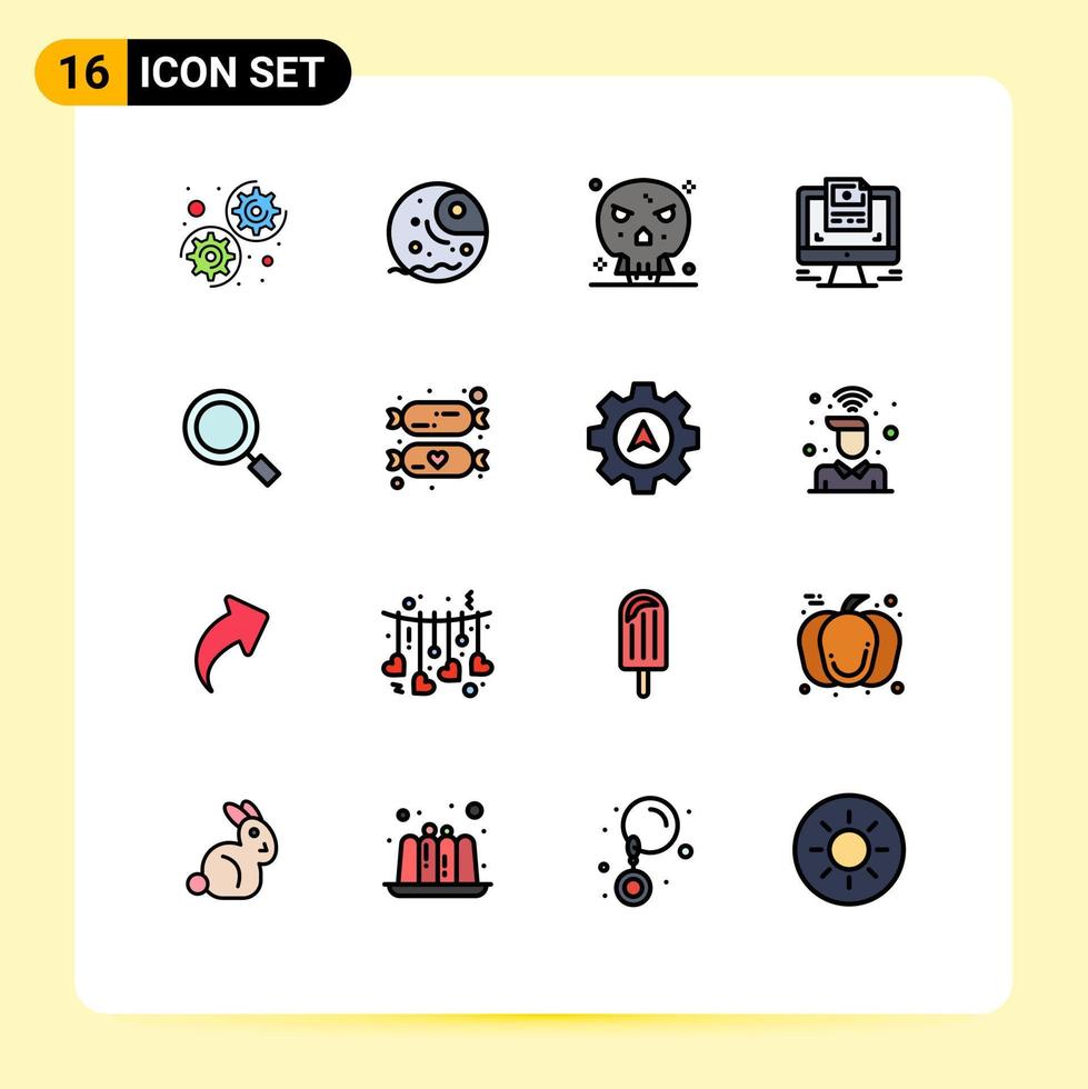 Group of 16 Modern Flat Color Filled Lines Set for magnify general death website computer Editable Creative Vector Design Elements