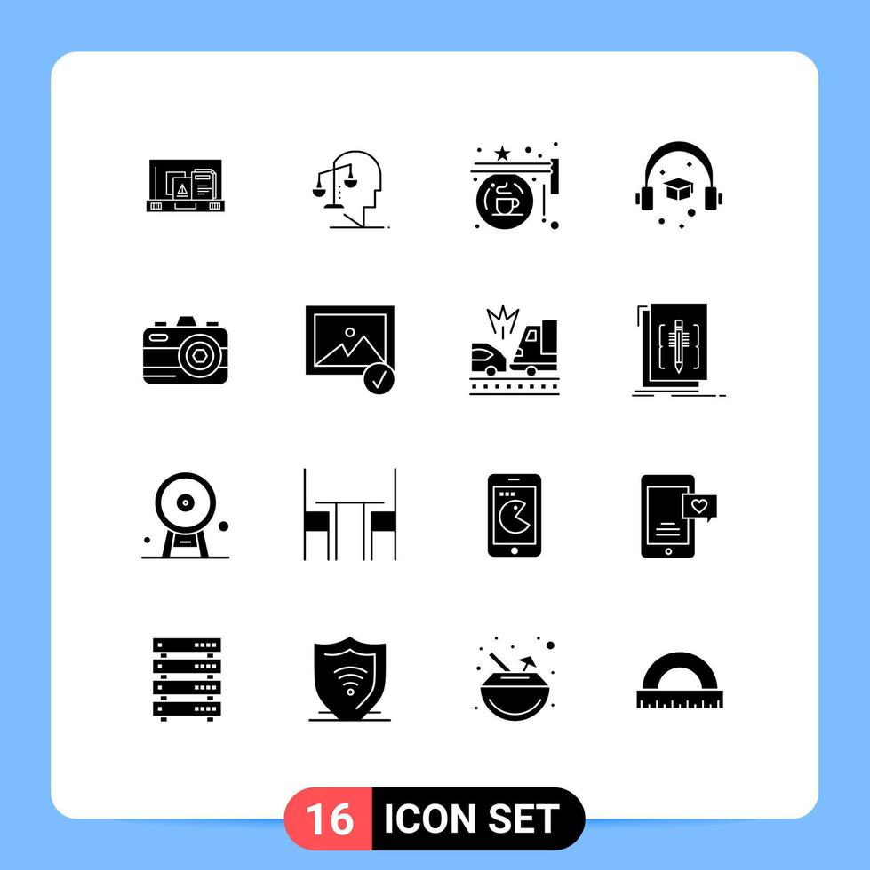 Editable Vector Line Pack of 16 Simple Solid Glyphs of camera education mind cap shop Editable Vector Design Elements