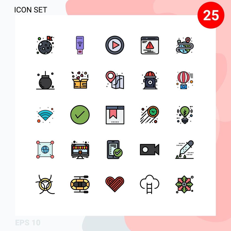 25 Universal Filled line Flat Color Signs Symbols of process error control web player Editable Vector Design Elements