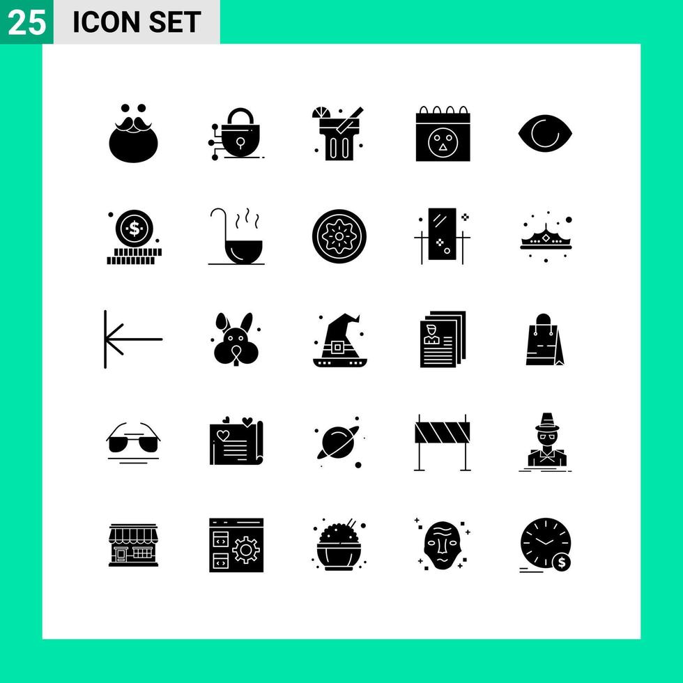 Group of 25 Modern Solid Glyphs Set for vision face lemonade eye halloween Editable Vector Design Elements
