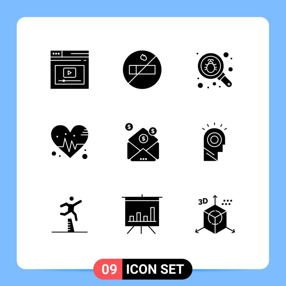 Group of 9 Modern Solid Glyphs Set for message investment find business heart Editable Vector Design Elements