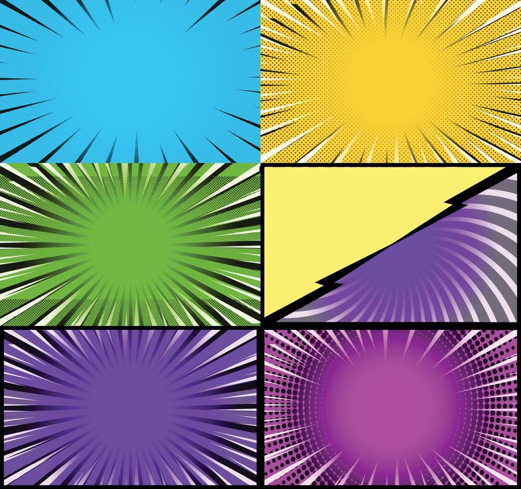 Comic book colorful frames background with halftone rays radial and dotted effects pop art style vector