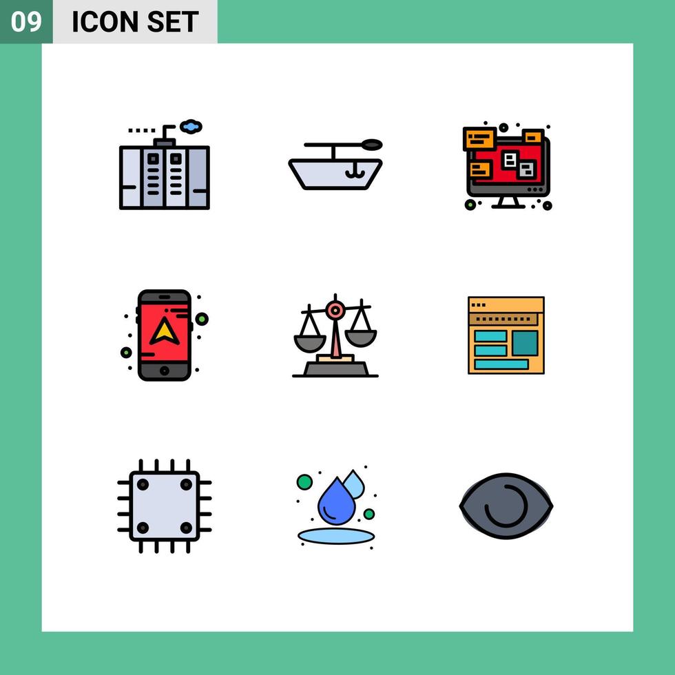 9 iconos creativos signos y símbolos modernos de la ley del sitio web navegación de justicia portátil elementos de diseño vectorial editables vector