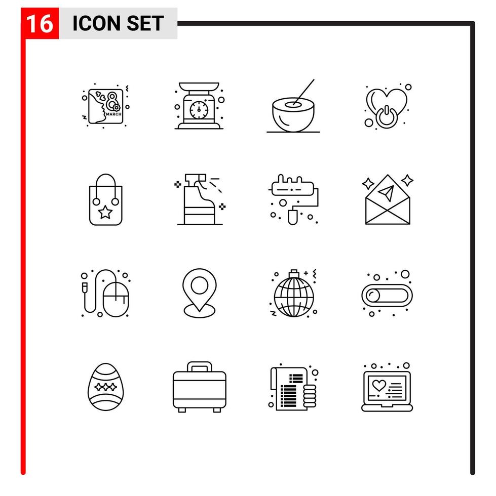 User Interface Pack of 16 Basic Outlines of love power bowl on food Editable Vector Design Elements