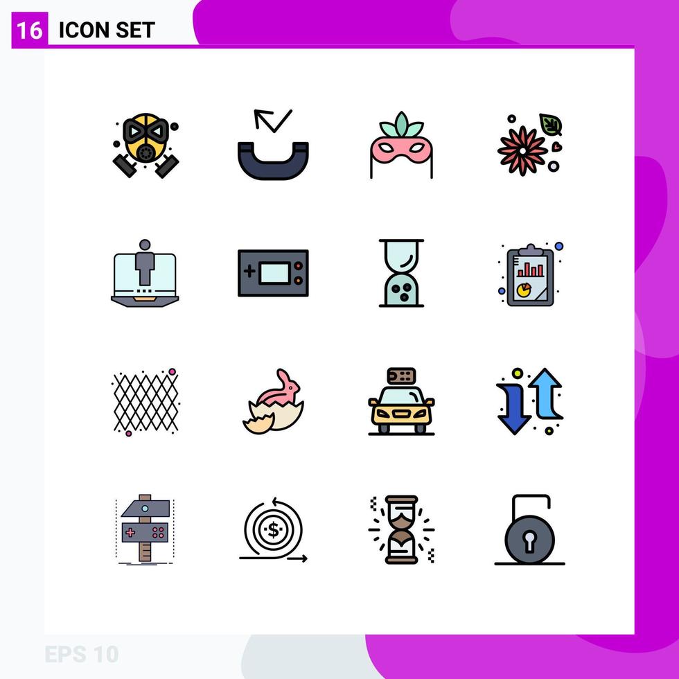 16 Thematic Vector Flat Color Filled Lines and Editable Symbols of service computer mask laptop buttercup flower Editable Creative Vector Design Elements