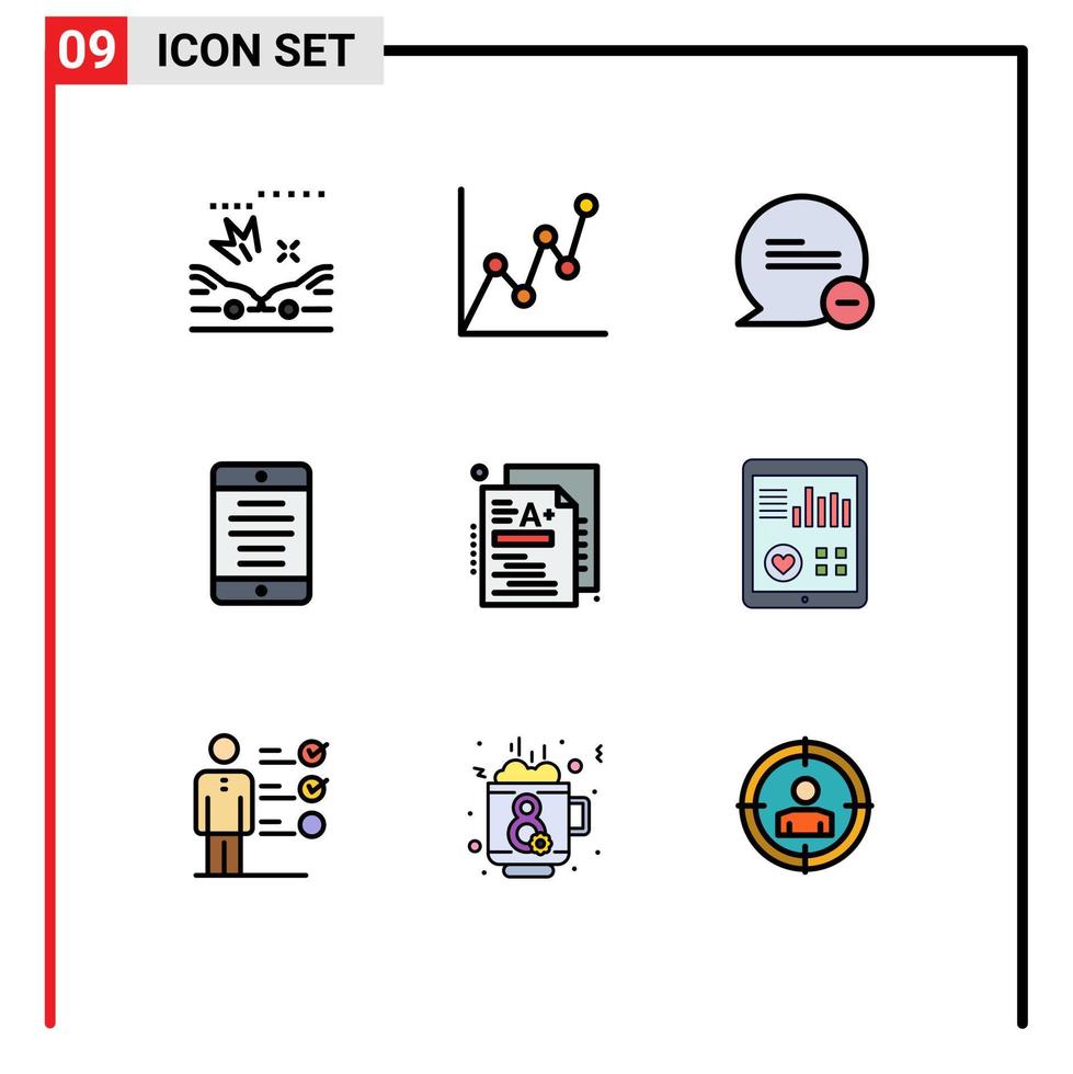 Pack of 9 Modern Filledline Flat Colors Signs and Symbols for Web Print Media such as knowledge a less test smartphone Editable Vector Design Elements