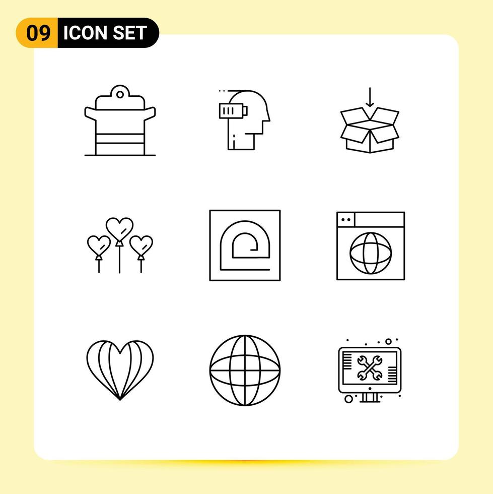 Pack of 9 Modern Outlines Signs and Symbols for Web Print Media such as block balloon mental heart shepping Editable Vector Design Elements