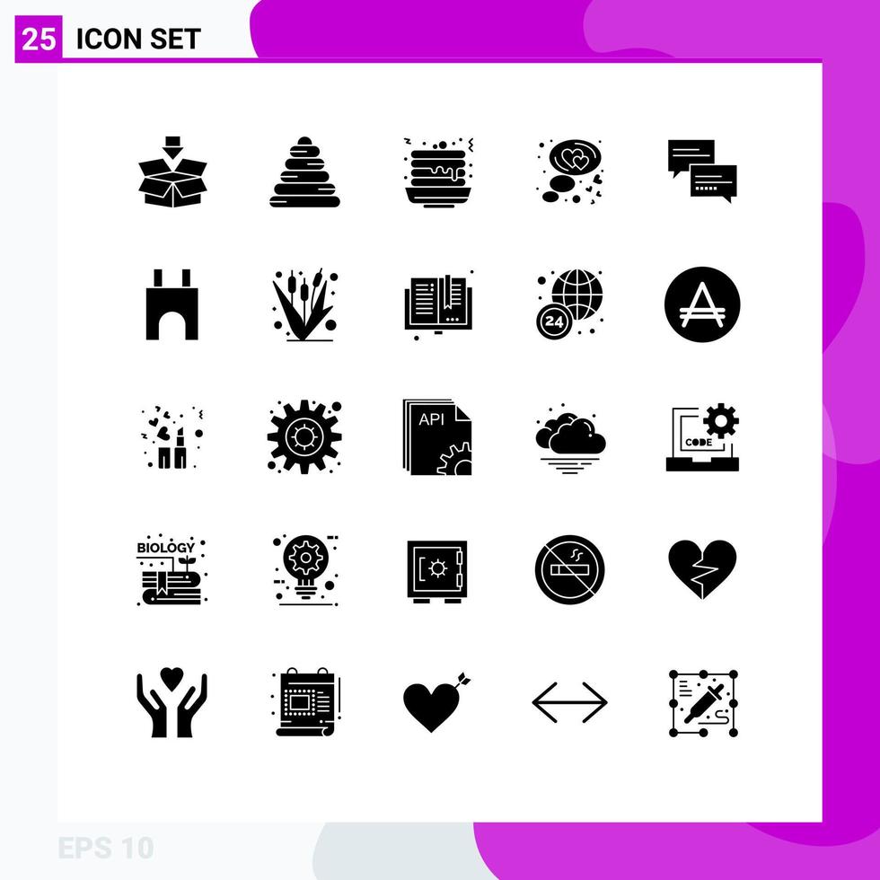 Mobile Interface Solid Glyph Set of 25 Pictograms of message chat fast food bubble heart Editable Vector Design Elements