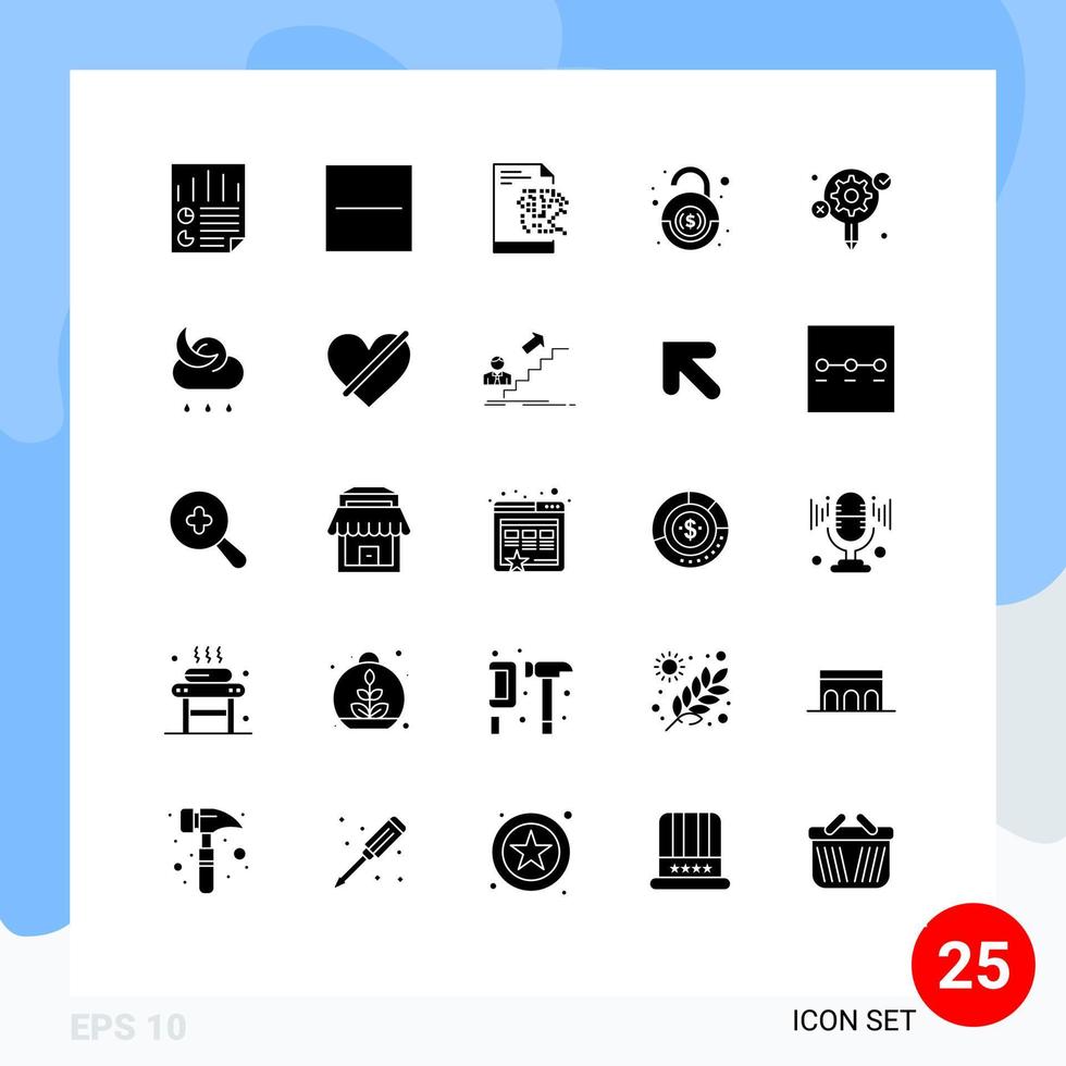 Pack of 25 creative Solid Glyphs of gear security minus robbery bank Editable Vector Design Elements