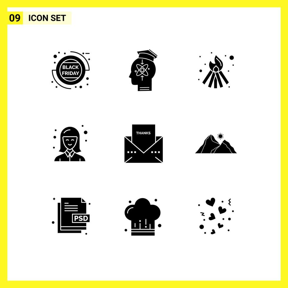 Solid Glyph Pack of 9 Universal Symbols of letter woman skill student female Editable Vector Design Elements