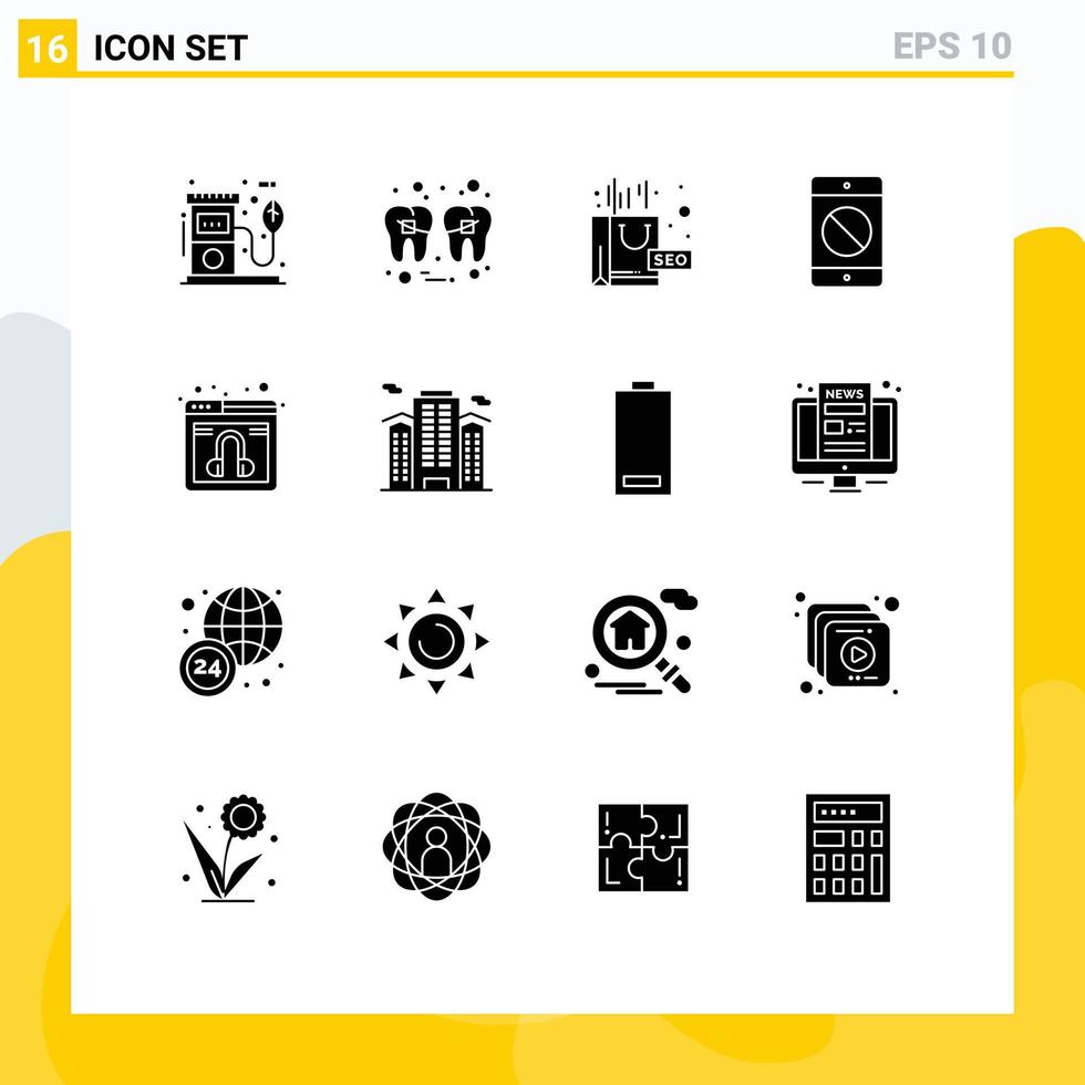Group of 16 Solid Glyphs Signs and Symbols for error device tooth cellphone seo Editable Vector Design Elements