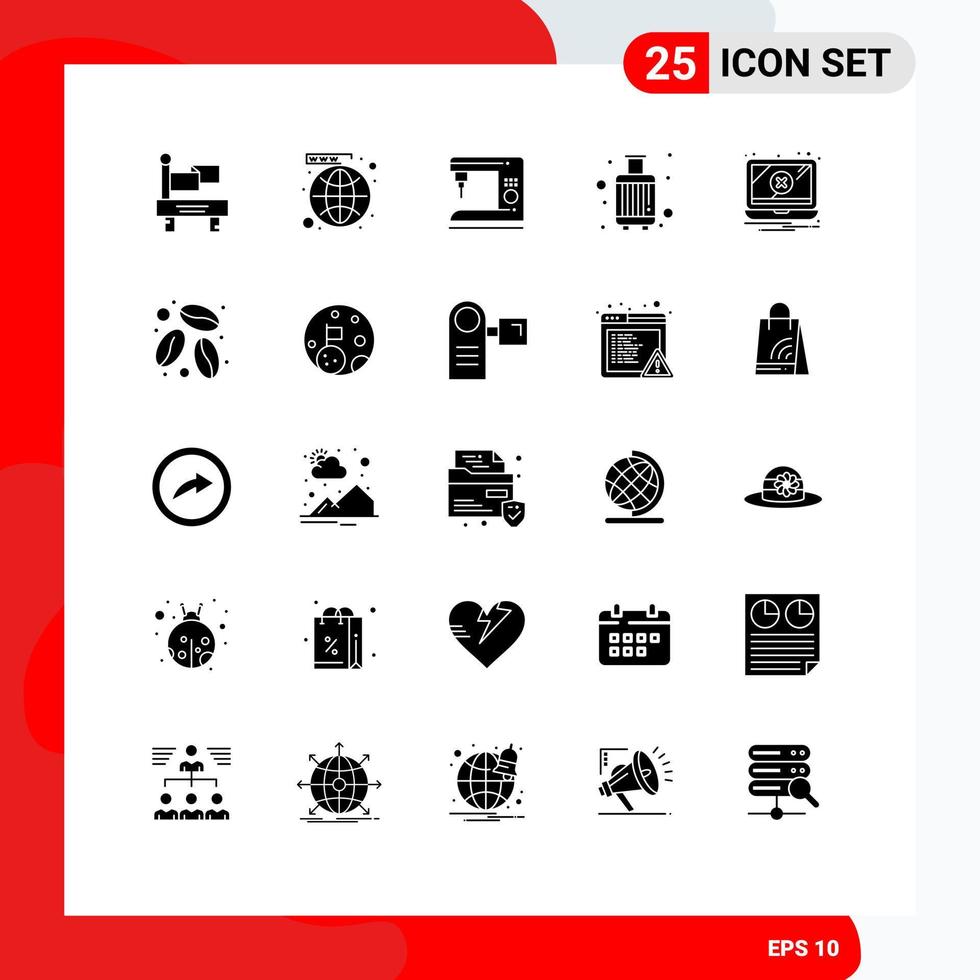 Mobile Interface Solid Glyph Set of 25 Pictograms of error suitcase coffee luggage baggage Editable Vector Design Elements