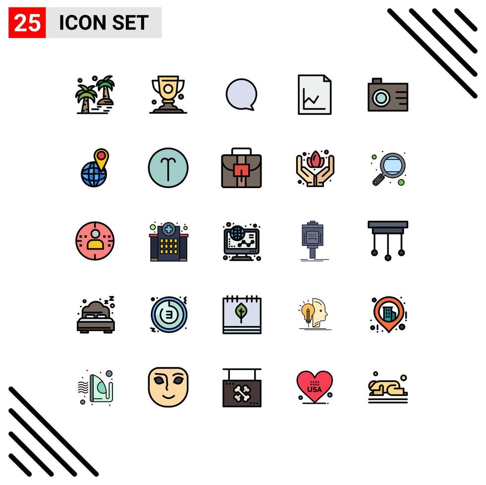 Set of 25 Commercial Filled line Flat Colors pack for photo camera trophy graph analytics Editable Vector Design Elements