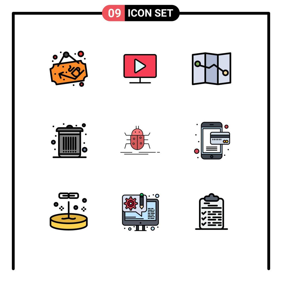 Group of 9 Modern Filledline Flat Colors Set for testing bugs map bug garbage Editable Vector Design Elements