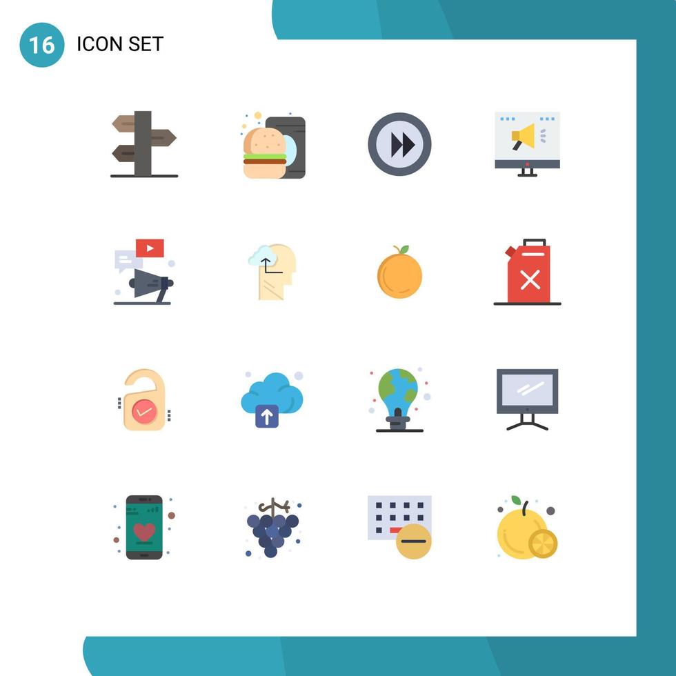 16 Universal Flat Color Signs Symbols of megaphone marketing food advertising player Editable Pack of Creative Vector Design Elements