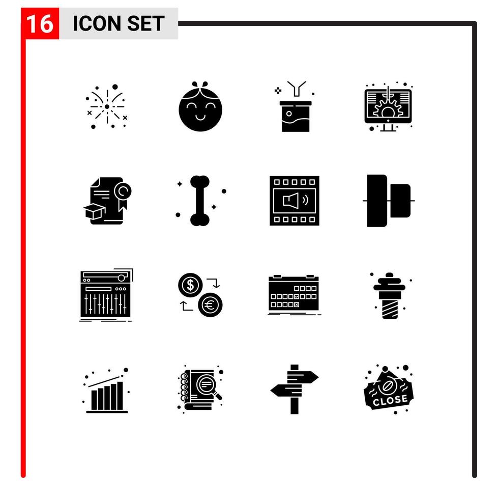 16 Universal Solid Glyphs Set for Web and Mobile Applications education screen data analytics investment digital Editable Vector Design Elements