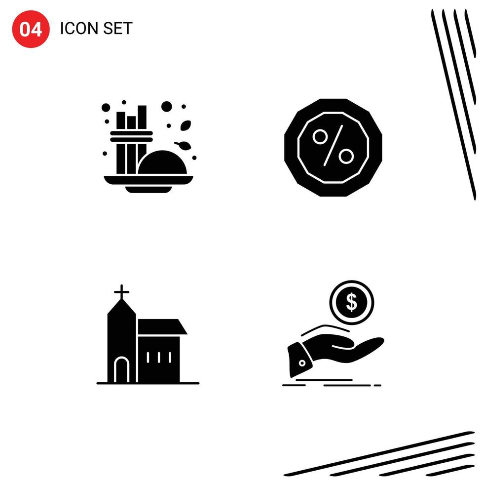 Group of 4 Solid Glyphs Signs and Symbols for cinnamon church seasoning percent monastery Editable Vector Design Elements