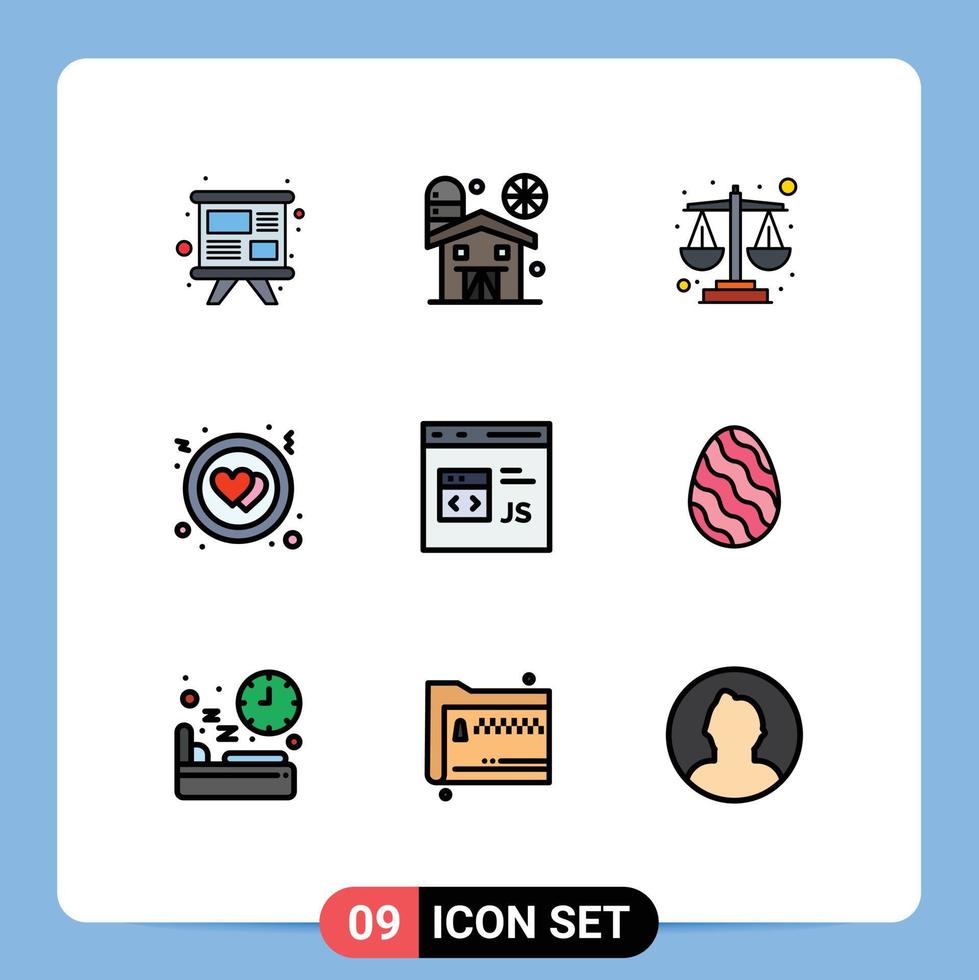 Group of 9 Modern Filledline Flat Colors Set for development coding balance code heart Editable Vector Design Elements