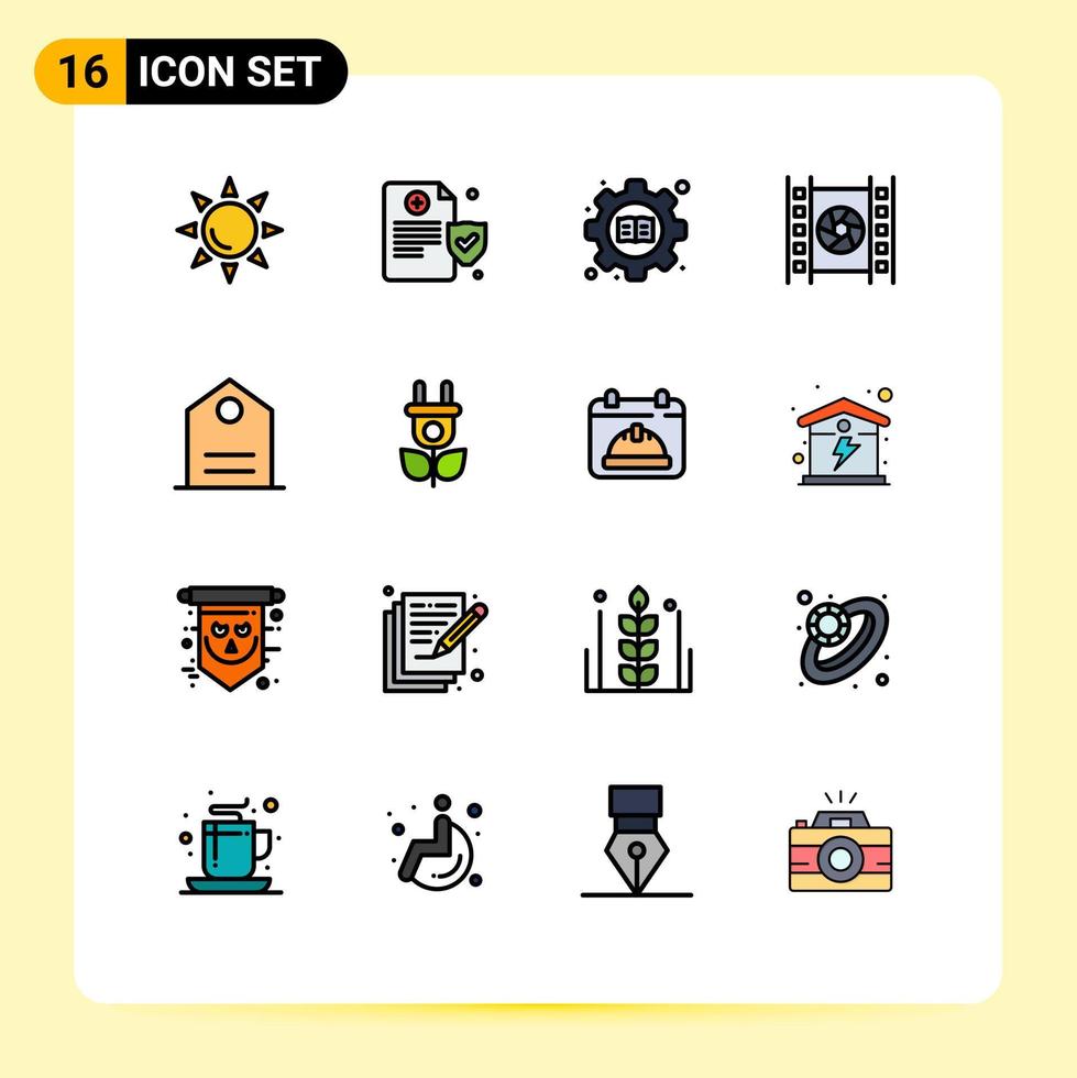 grupo de 16 líneas llenas de color plano signos y símbolos para la configuración de etiquetas ecológicas elementos básicos de diseño de vectores creativos editables de películas