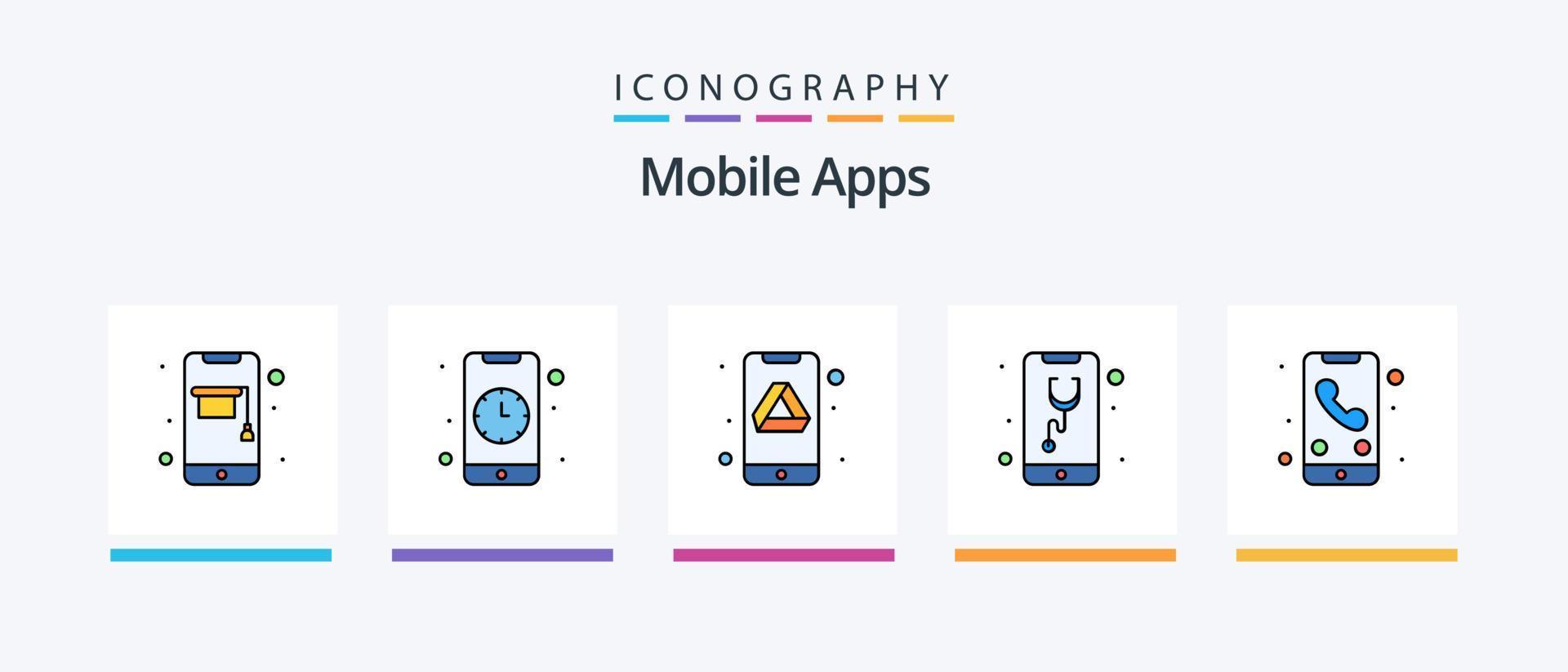 la línea de aplicaciones móviles llenó el paquete de 5 iconos, incluida la aplicación. interacción. teléfono inteligente red. móvil. diseño de iconos creativos vector