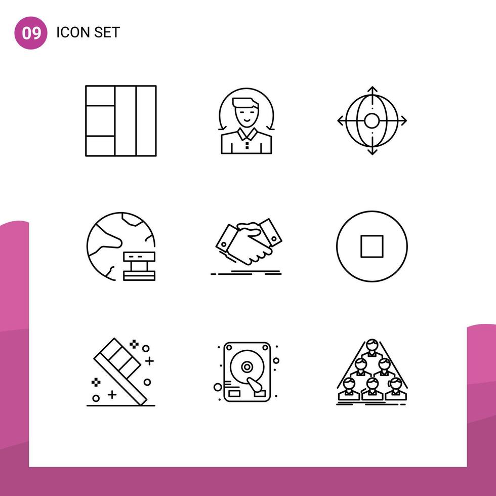 Pack of 9 Modern Outlines Signs and Symbols for Web Print Media such as shaking hand handshake management server database Editable Vector Design Elements