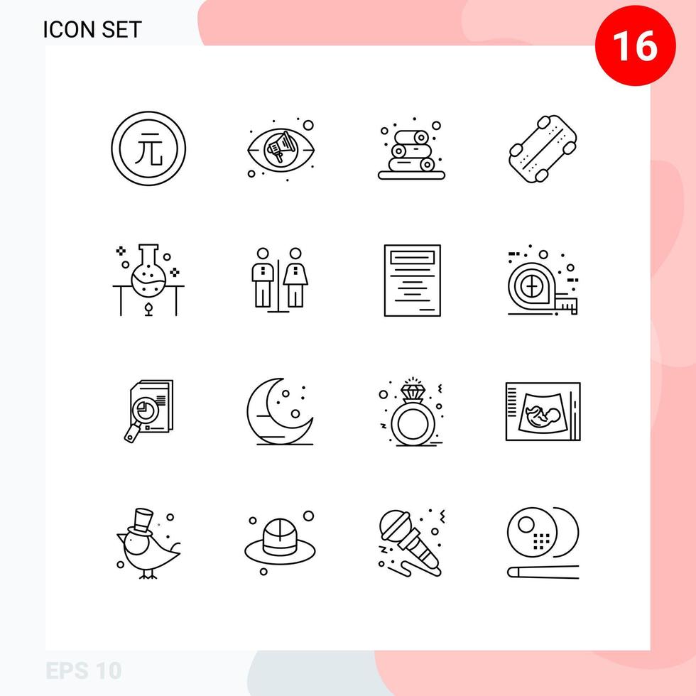 Mobile Interface Outline Set of 16 Pictograms of science experiment laboratory research spa laboratory skateboard Editable Vector Design Elements