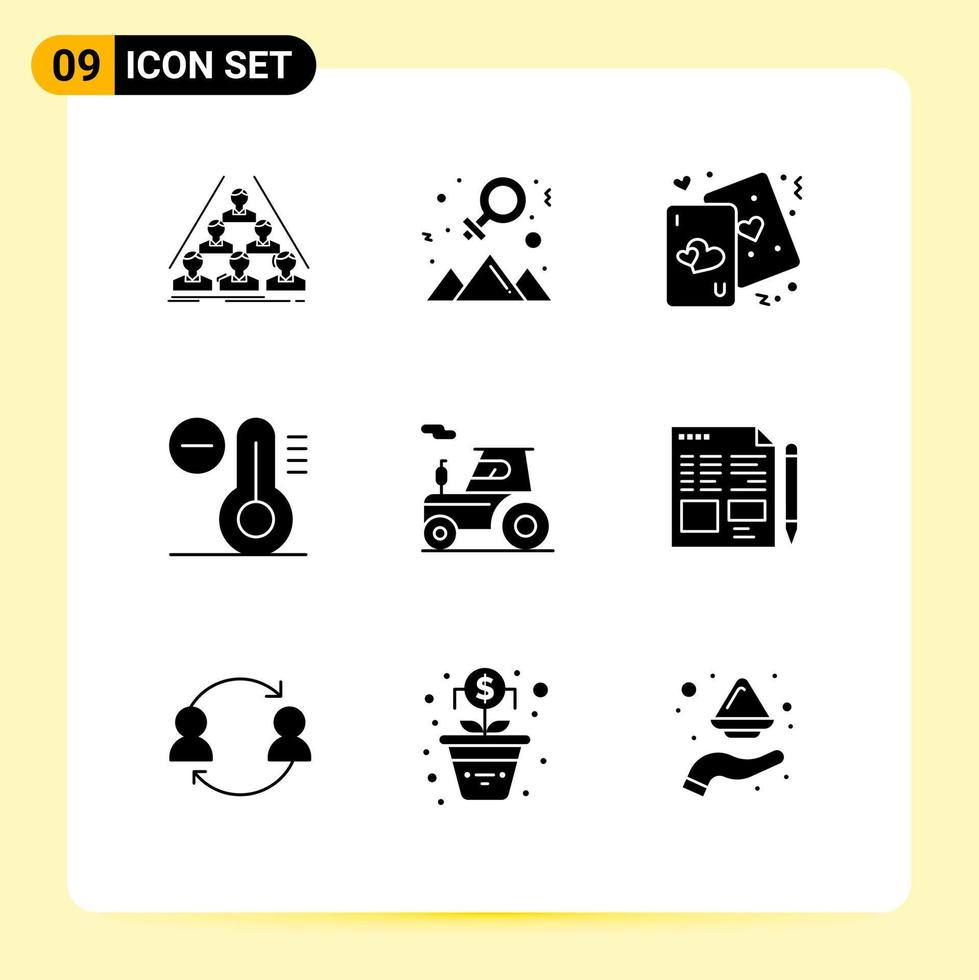 Set of 9 Commercial Solid Glyphs pack for car decrease success climate life Editable Vector Design Elements