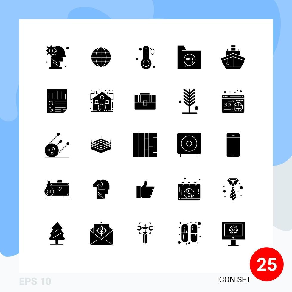 Set of 25 Vector Solid Glyphs on Grid for filled file ineternet document communication Editable Vector Design Elements