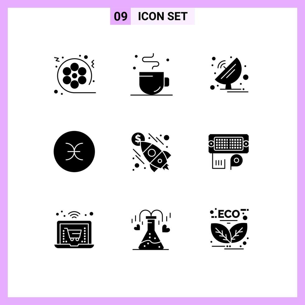 User Interface Pack of 9 Basic Solid Glyphs of symbols sign time pisces satellite dish Editable Vector Design Elements