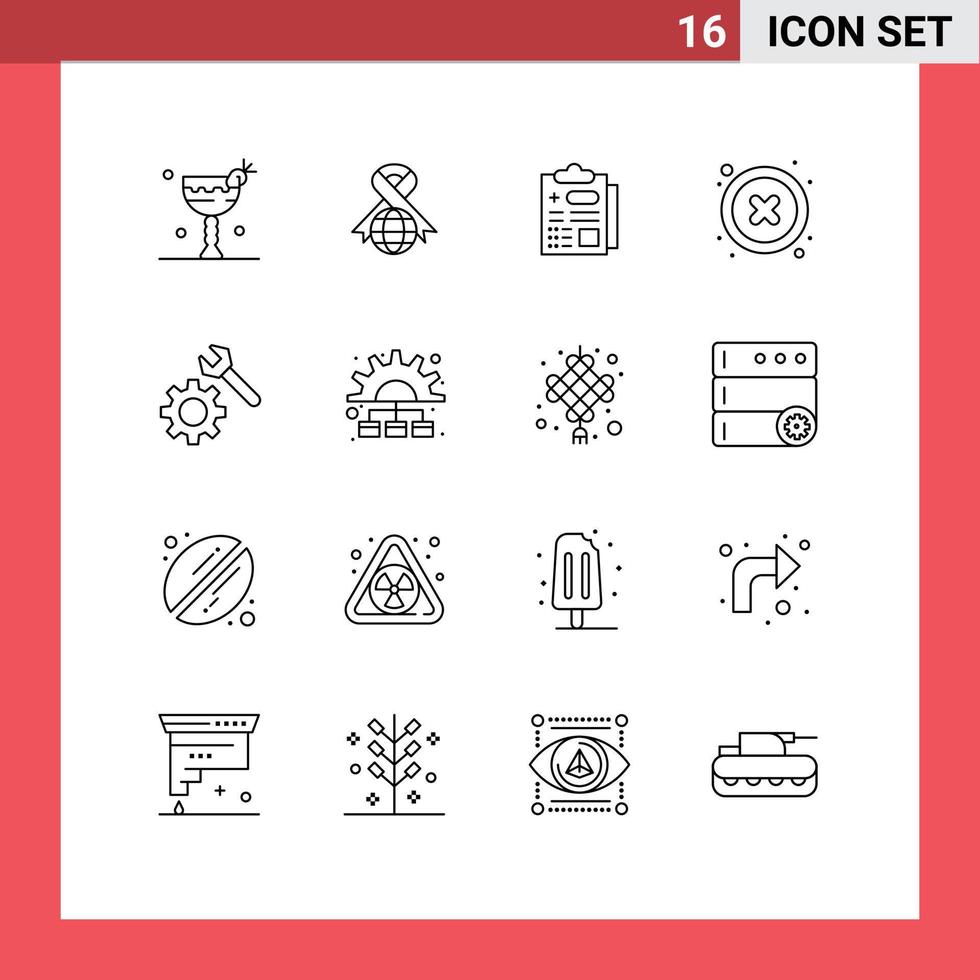Pack of 16 creative Outlines of gear setting healthcare user delete Editable Vector Design Elements