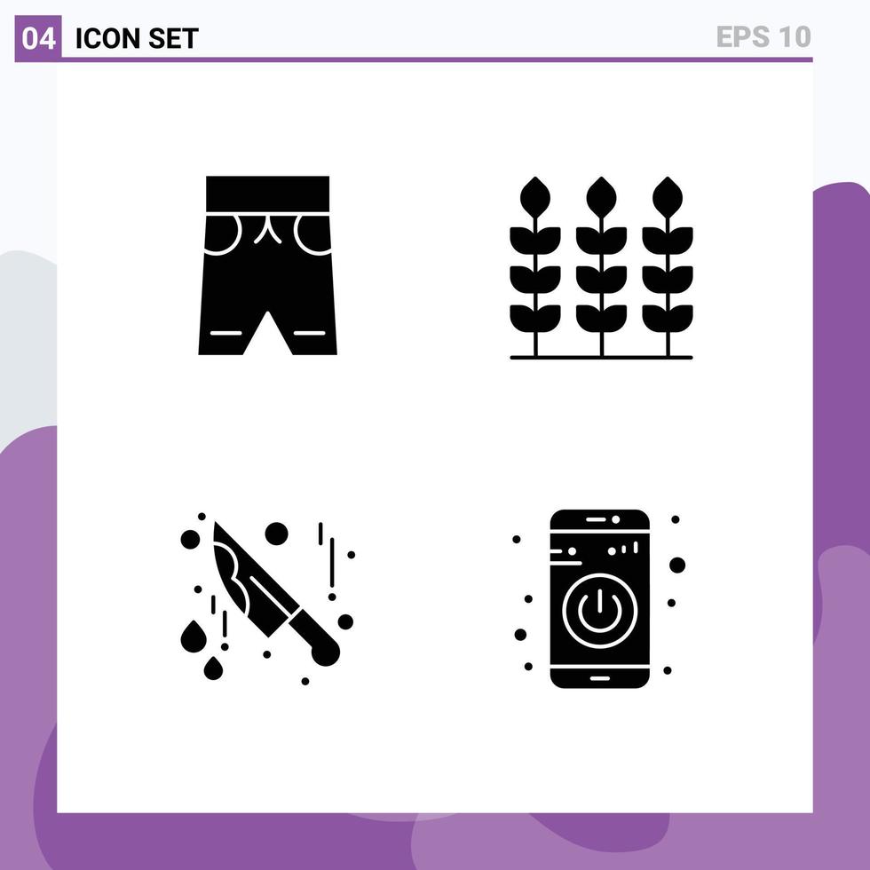 Mobile Interface Solid Glyph Set of 4 Pictograms of beach knife shorts giving switch Editable Vector Design Elements