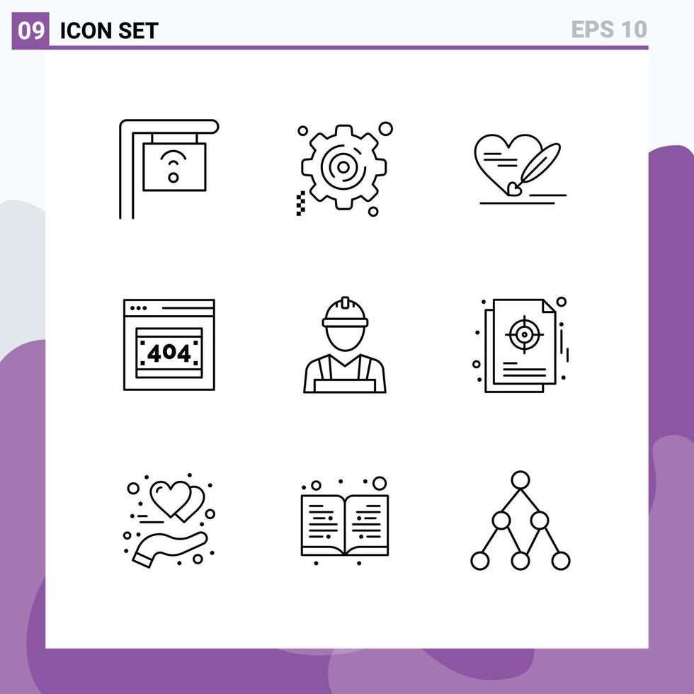 Set of 9 Commercial Outlines pack for worker builder heart labour man http error Editable Vector Design Elements
