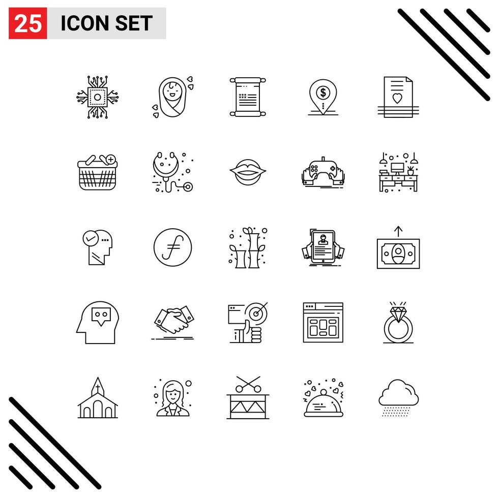 25 Universal Line Signs Symbols of business location scroll map dollar Editable Vector Design Elements
