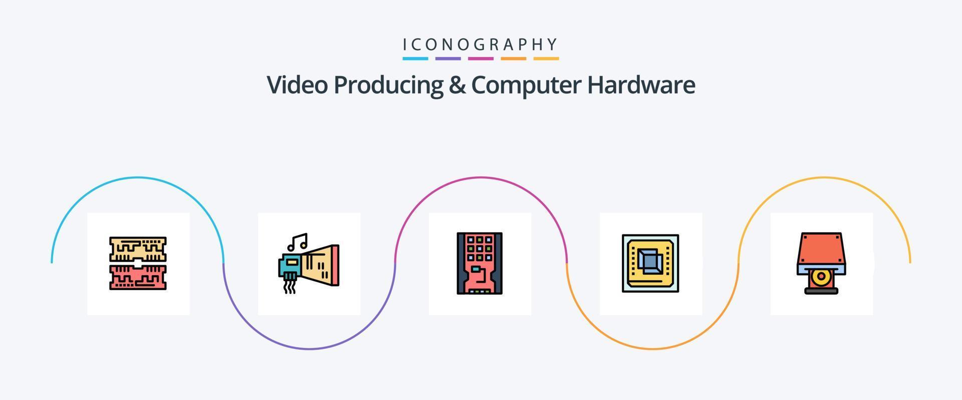 Video Producing And Computer Hardware Line Filled Flat 5 Icon Pack Including hardware. computer. music. chip. solid vector