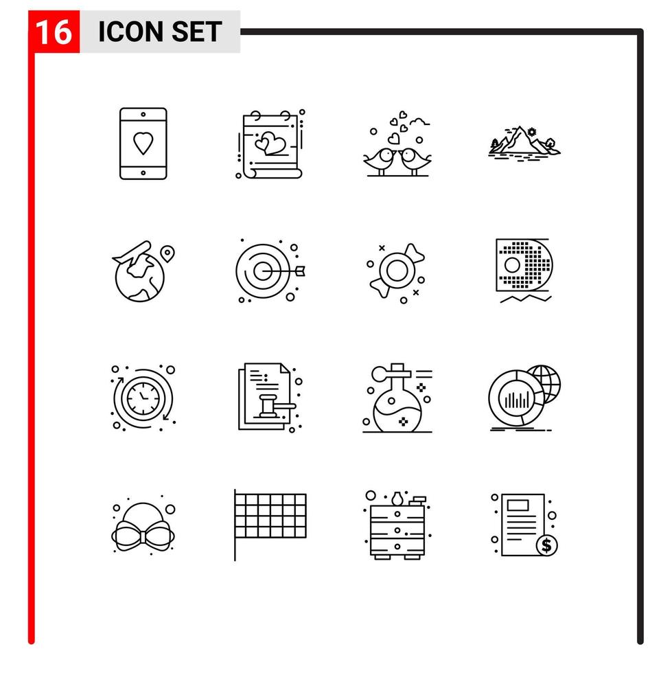16 contornos vectoriales temáticos y símbolos editables de elementos de diseño vectorial editables amantes de la naturaleza de san valentín de mountain hill vector