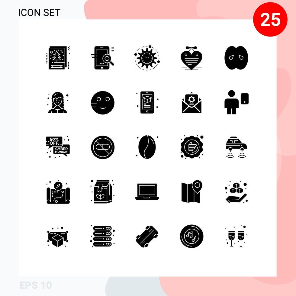 Modern Set of 25 Solid Glyphs and symbols such as love letter hanging heart configuration heart productivity Editable Vector Design Elements