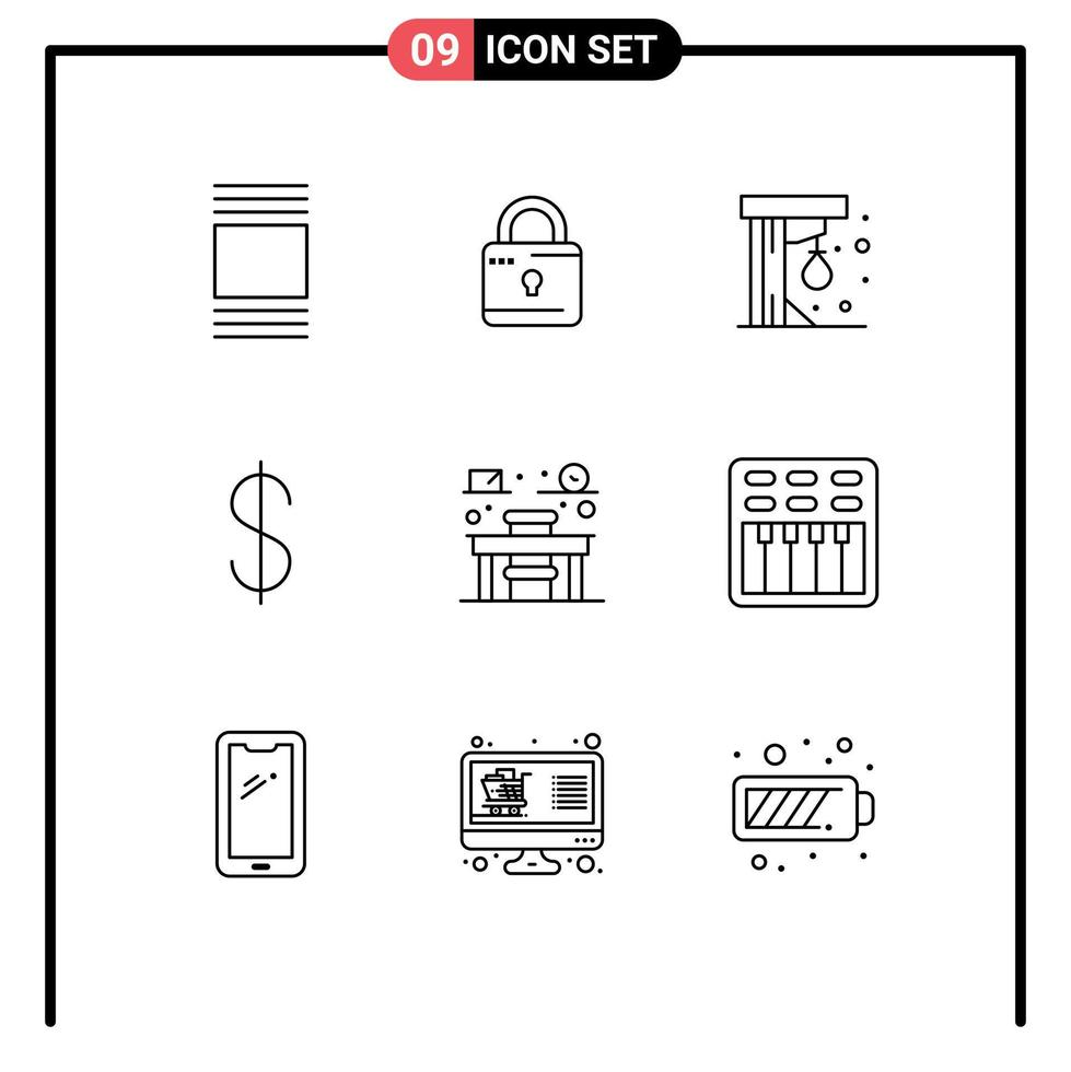 Mobile Interface Outline Set of 9 Pictograms of cinema education fun chair currency Editable Vector Design Elements