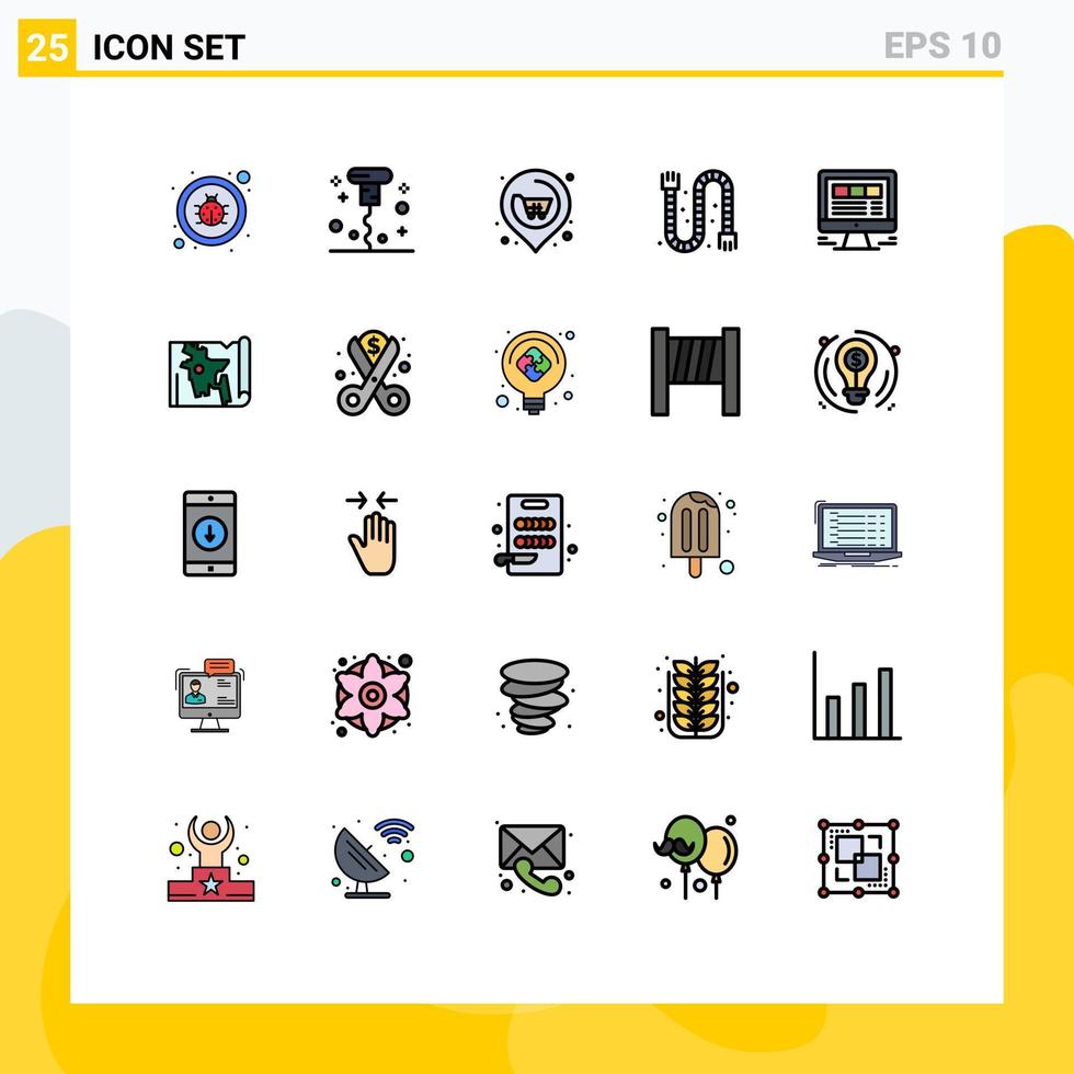 25 Universal Filled line Flat Colors Set for Web and Mobile Applications laptop pipe location industrial construction Editable Vector Design Elements