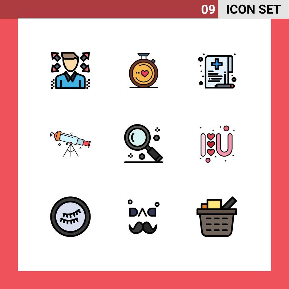 Filledline Flat Color Pack of 9 Universal Symbols of interface view health space telescope Editable Vector Design Elements