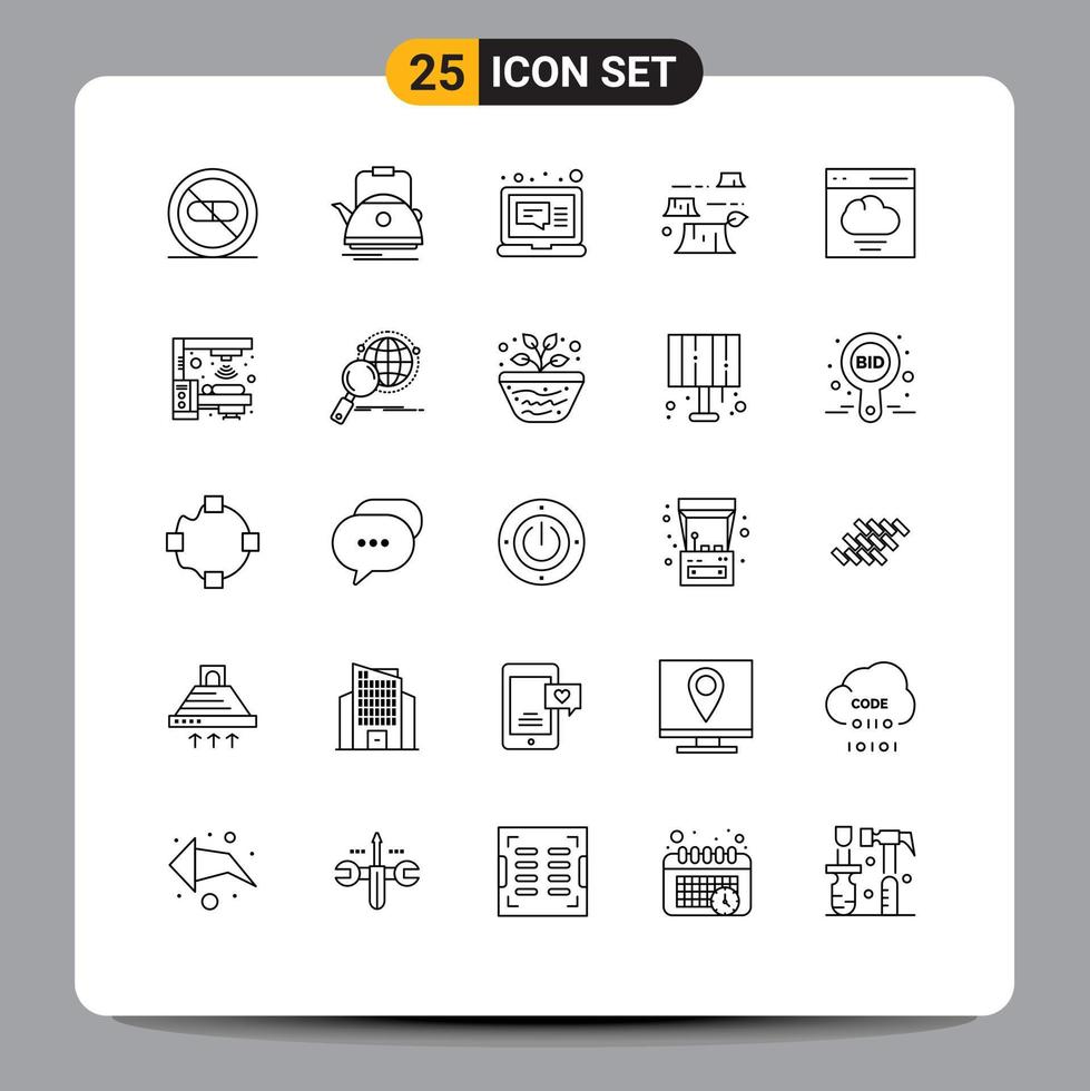 25 User Interface Line Pack of modern Signs and Symbols of environment deforestation camping damage laptop Editable Vector Design Elements